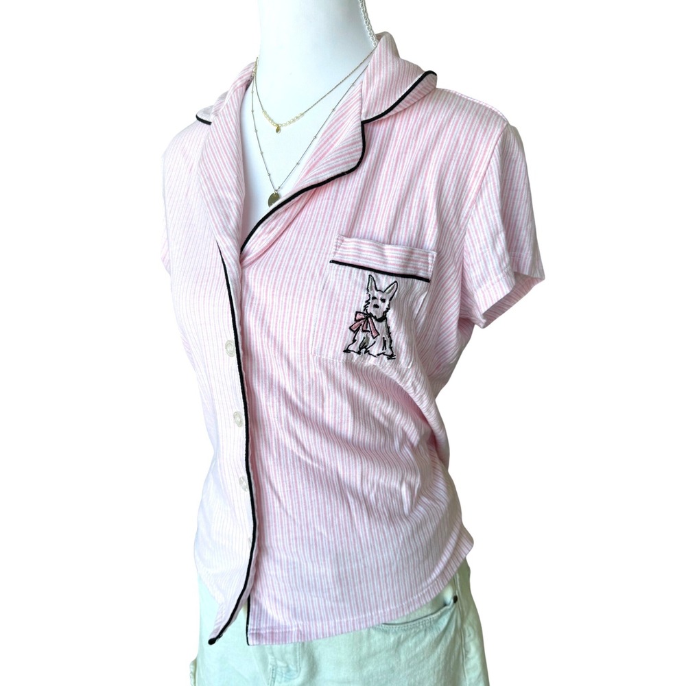 Laura Ashley Pink Striped Terrier Pajama Top Coquette Sleep Shirt PJs Size S